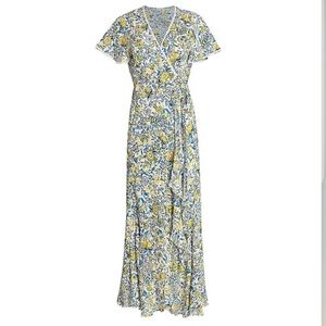NWOT Poupette St. Barth Joe Floral Wrap Maxi Dress, Size XS, Blue and Ye…